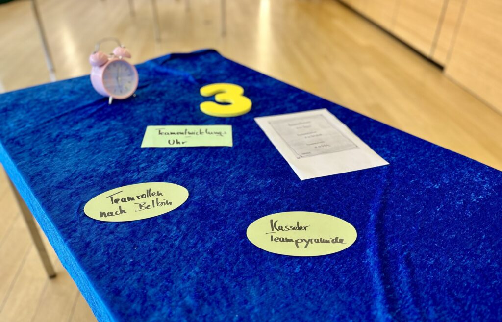 A blue table with a pink alarm clock, a yellow number 3 and oval paper signs with the words "Team roles according to Belbin", "Checkout: team pyramid" and "Communication clock". There is a printed sheet on the right-hand side.