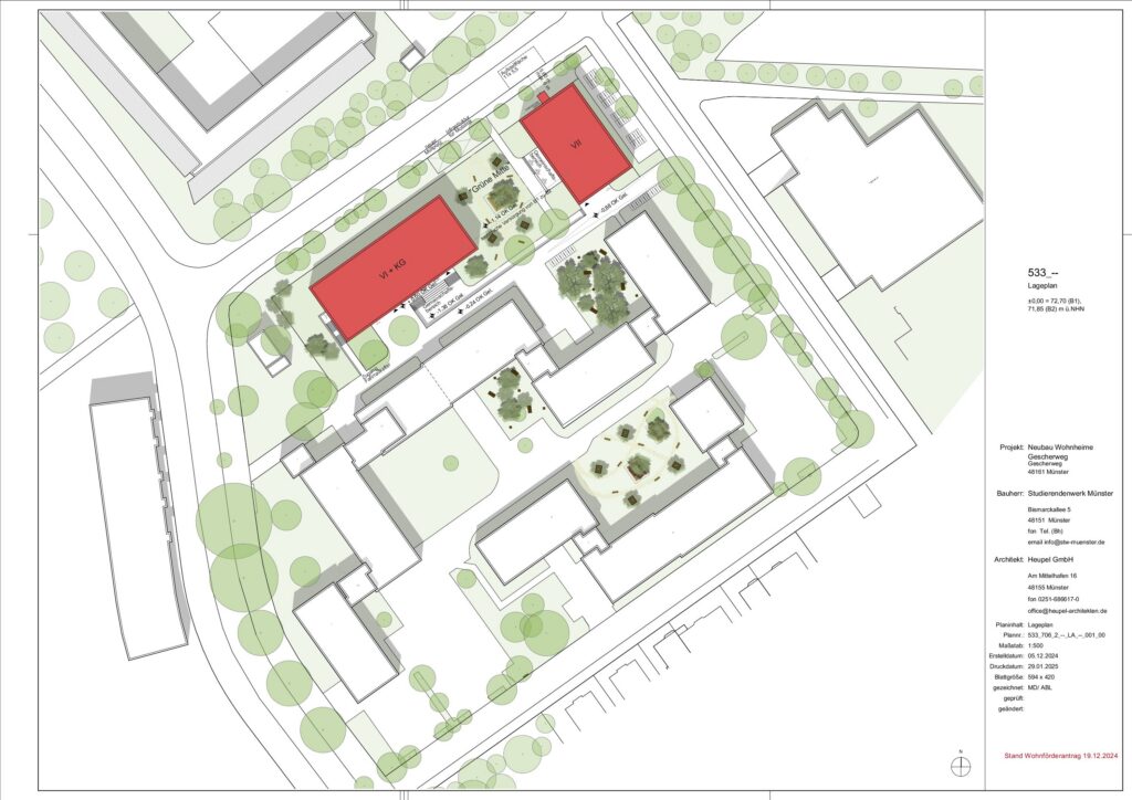 Architectural site plan showing several buildings, with two buildings near the top highlighted in red. The area includes green spaces, trees, paths and surrounding streets. Labels and project information are on the right side.