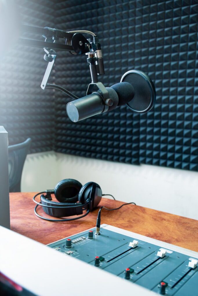 Ein professionelles Mikrofon mit einem Pop-Filter ist an einem verstellbaren Arm in einem schalldichten Aufnahmestudio mit Schaumstoffplatten an den Wänden befestigt.